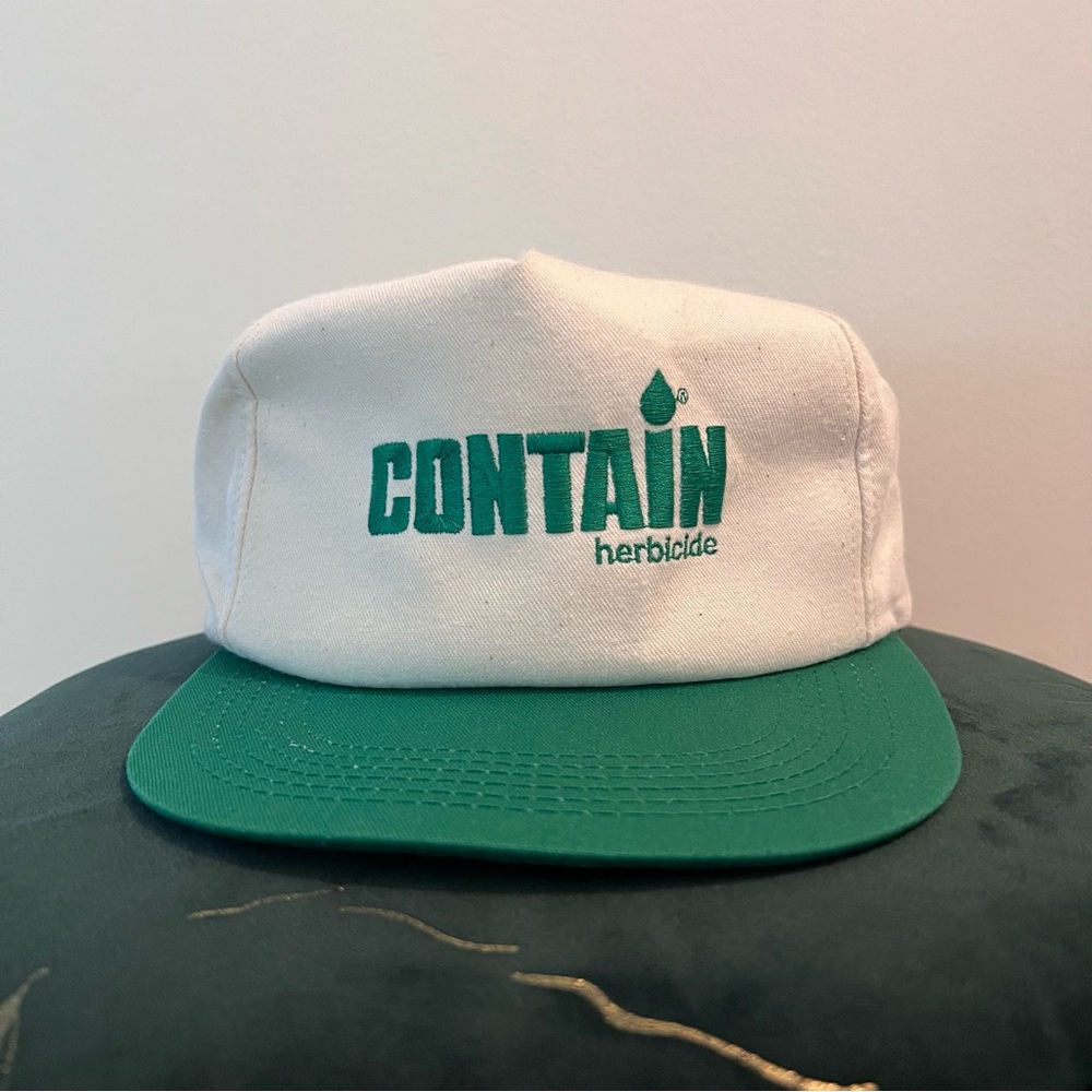 Vintage Contain Herbicide Snapback Trucker Farmer Hat White Green